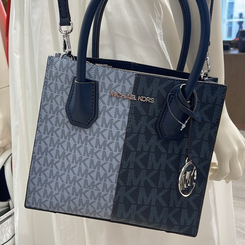 Michael Kors Mercer Medium Two-Tone Logo Crossbody Messenger Navy Multi NWT - Picture 12 of 16